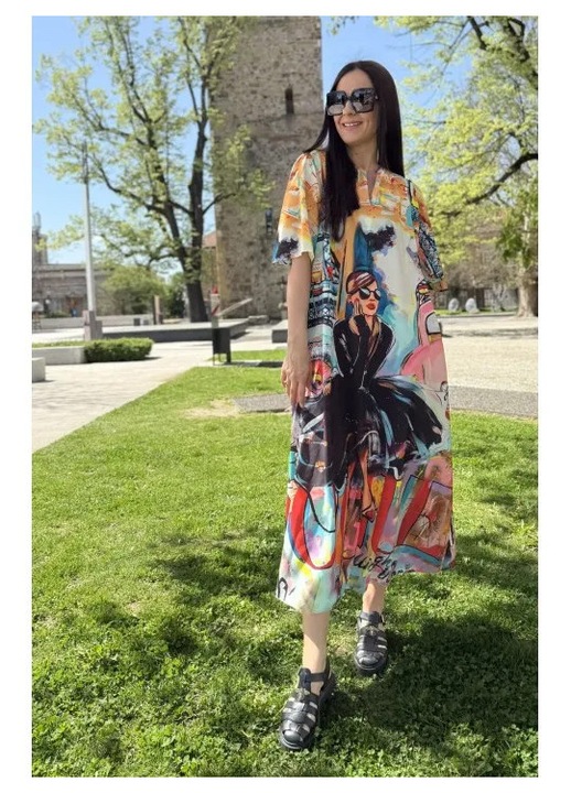 Макси рокля с джобове и камбанки градски мелек, Многоцветен, One Size