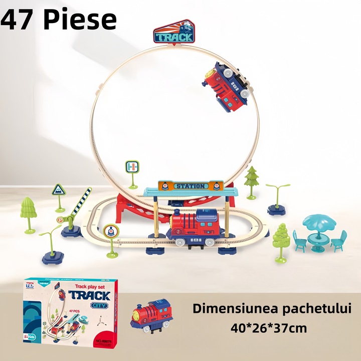 Комплект електрическо влакче, 47 части, „Направи си сам“ релса, с гара и декоративни елементи, звукови ефекти, 3+ години
