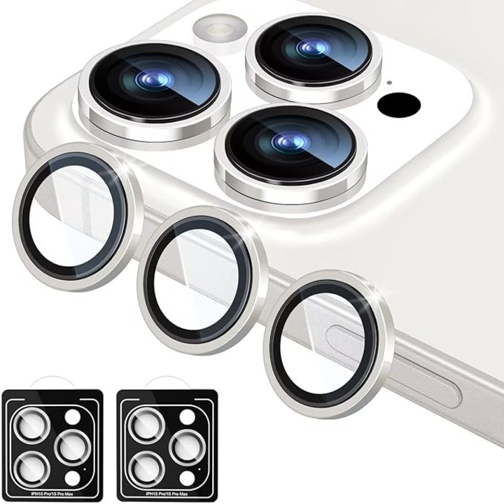 Комплект от 2 протектора за обектива на камерата за iPhone 15 Pro Max/15 Pro/14 Pro Max/14 Pro, ултраиздръжливи HD индивидуални протектори за екрана, устойчиви на надраскване, MDUG, ултратънко закалено стъкло, сребристо