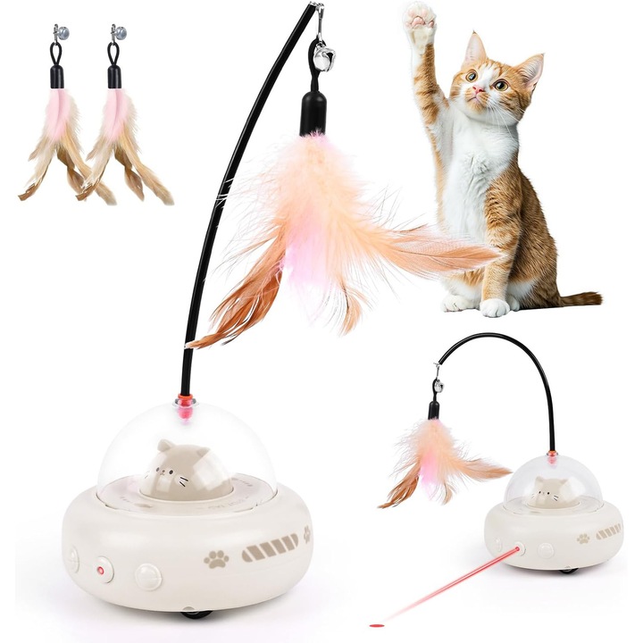 Jucarie interactiva pentru pisici, 2-in-1 - Laser LED Automatic + 3 Pana, jucarie electrica cu rotatie 360, Recargabila USB