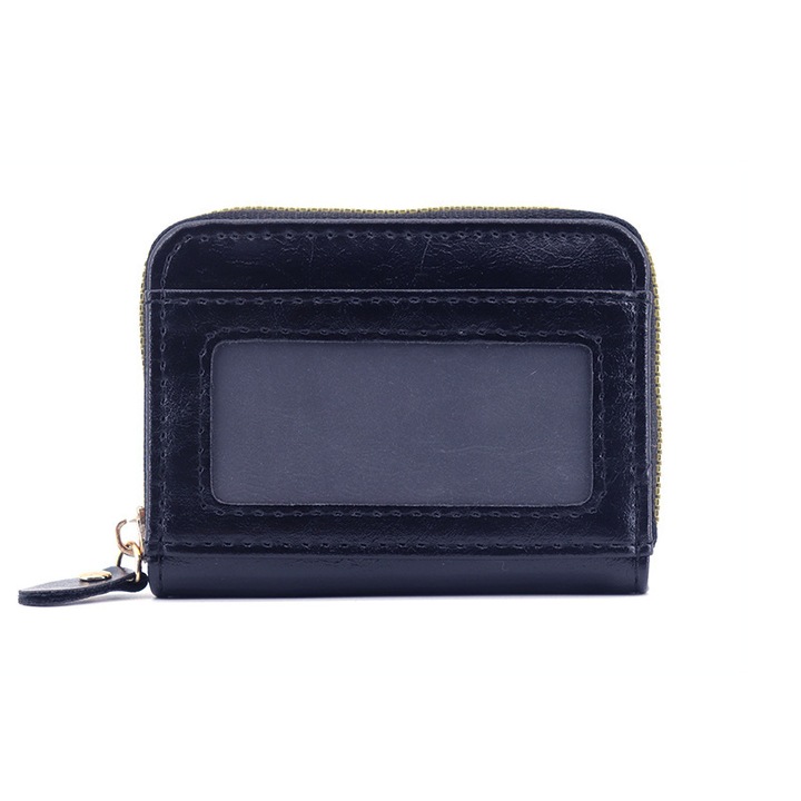 Унисекс портфейл за карти, 9 слота за карти, Държач за карти, Цип, 11 x 8 x 2.5 см, Тъмно син