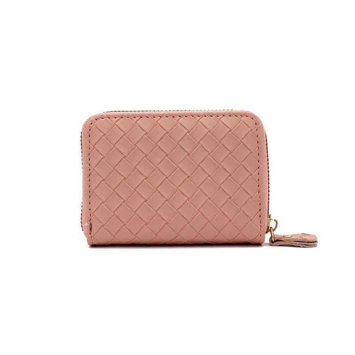 Дамски преносим портфейл за карти, 9 слота за карти, портфейл, цип, многофункционален, 10.5 x 8 x 2.5 см, розов