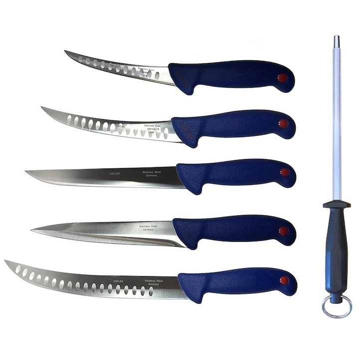 Pachet profesional pentru macelarie, dezosat, injunghiat, transat, filetat, 5 cutite, masat pentru ascutit, Dactylion®