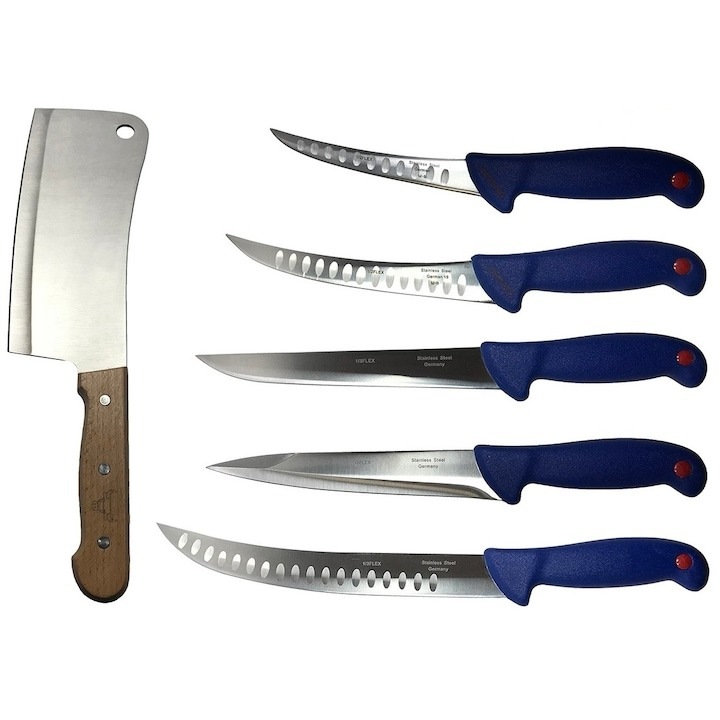 Pachet profesional pentru macelarie, dezosat, injunghiat, transat, filetat, 5 cutite, satar, Dactylion®