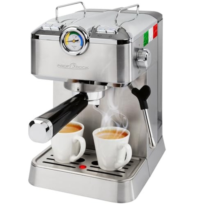 Espressor ProfiCook, Aparat espresso cu portafiltru, Pompa espresso profesionala italiana 20 bar, pentru pudra de cafea si capsule compatibile Nespresso, Portafiltru aparat de cafea, PC ES 1267