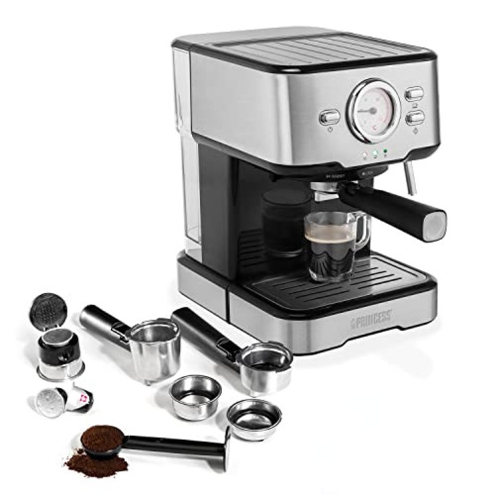 Espressor Princess 249412, 1100 Watt, 1, 5 litri, cafea macinata, 3 filtre, inclusiv spuma de lapte, ideal pentru cafea si cappuccino