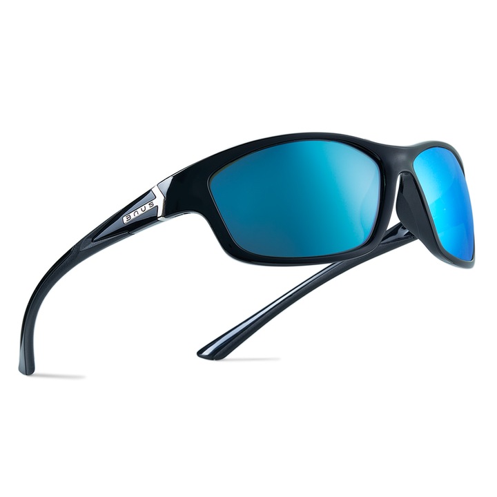 Ochelari de soare B.N.U.S, model B7248, polarizati, protectie UV400, culoare negru/albastru, dimensiuni 100x100mm