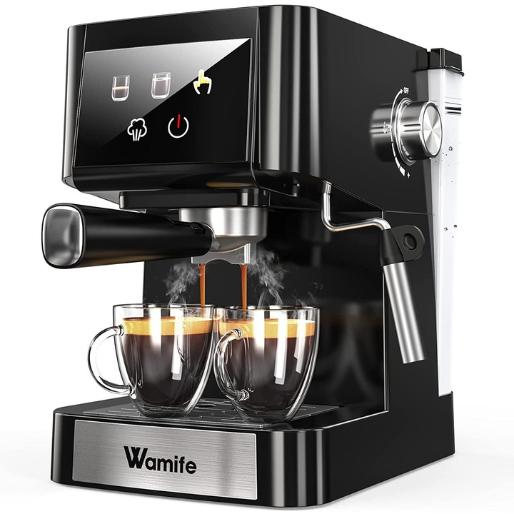 Espressor Wamife cu spuma de lapte, masina portafiltru 15 bar, control dublu al temperaturii, aparat de cafea pentru espresso, cappuccino, latte machiato, 1, 5 l (negru)