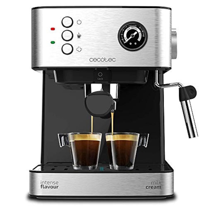 Aparat de cafea Cecotec Cumbia Power Espresso 20 Barista Aromax. Putere 2900 W, 2 sisteme de incalzire, pompa de presiune 20 bar, manometru, suport pentru filtru dubla iesire si 2 filtre (Profesional)