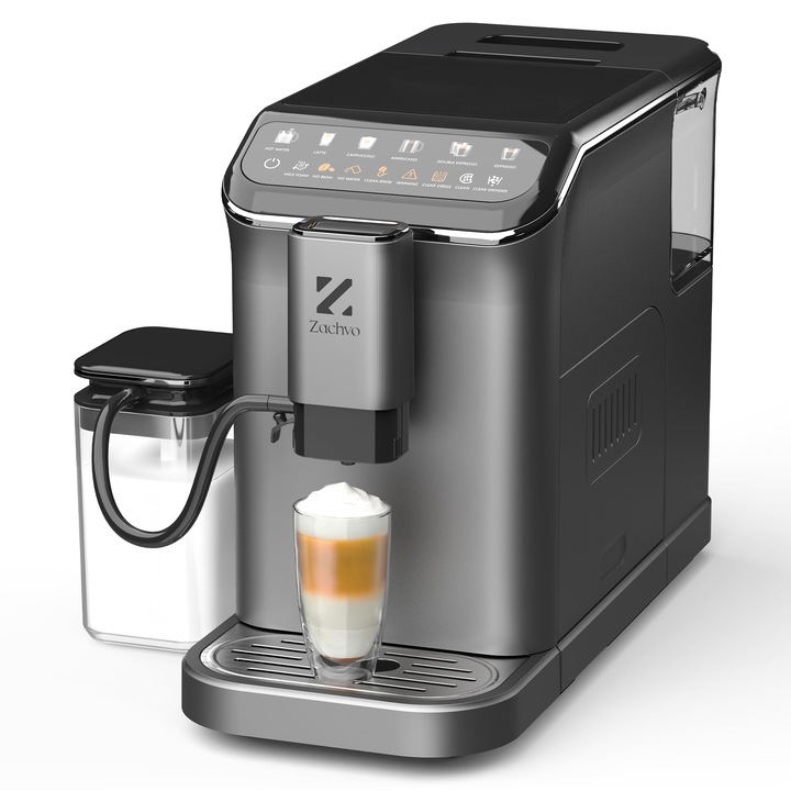 Aparat de cafea complet automat ZACHVO cu recipient pentru lapte, 20 bar, rasnita cu 15 trepte, ecran tactil, control PID al temperaturii, curatare automata, 5 bauturi la atingerea unui buton - Latte, Cappuccino si altele, compact