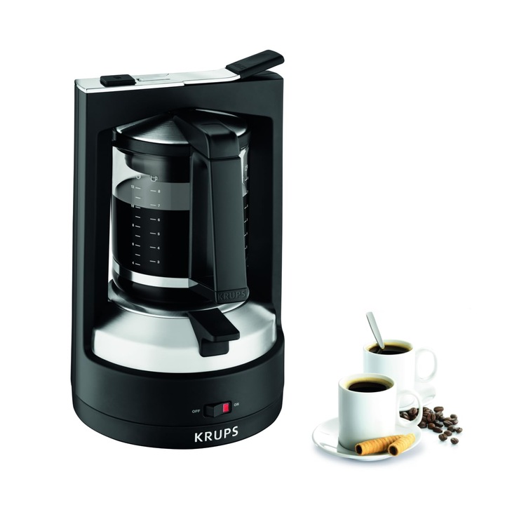 Aparat de cafea cu filtru Krups T8, 850 wati, oprire automata, 8-12 cani, capacitate 1L, filtru permanent, comutator pornit/oprit iluminat, usor de utilizat, negru, KM4689