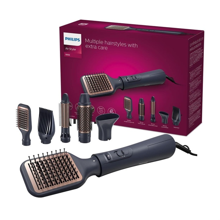 Уред за коса Philips Airstyler Series 5000, 5 аксесоара, 2100 W, 3 температурни настройки, наситено синьо