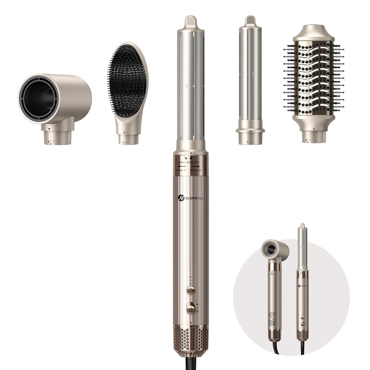 Airstyler 5 In 1, Uscator De Par Ionic De Mare Viteza Slopehill 110.000 Rpm Pentru Uscare Rapida, Aparat De Coafat Multifunctional Cu Ondulator Automat Cu Aer, Perie De Indreptat Parul Si Perie Pentru Volumizare (Auriu)
