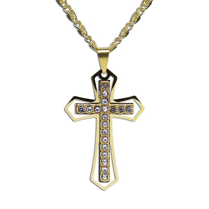 Colier barbati, inox, pandantiv cruce, auriu, 50cm