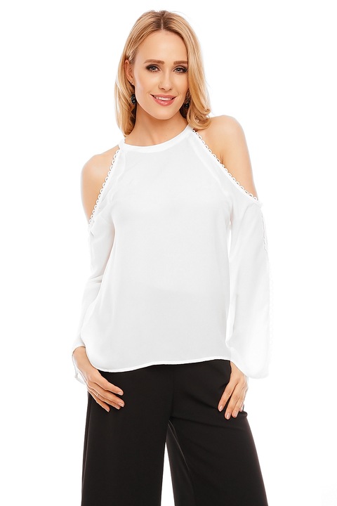 Bluza cu umeri decupati si maneci lungi, Alb