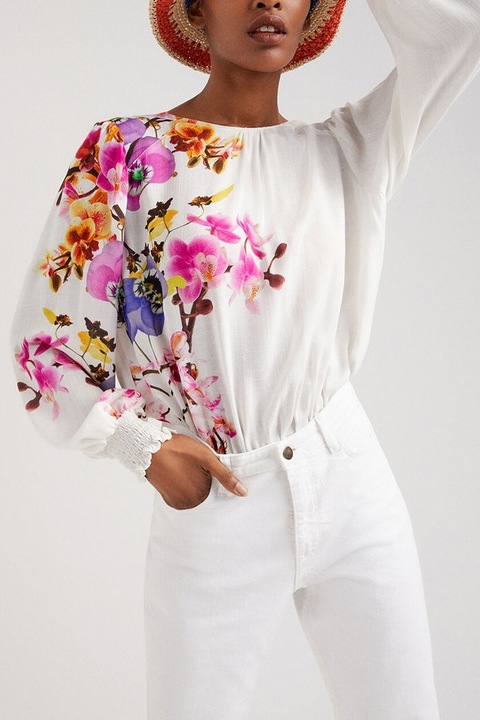 Bluza tip body cu imprimeu floral Karen, Alb, M