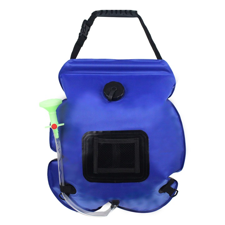 Sac de dus solar portabil, 20L, cu furtun si duza, pentru camping, culoare albastra, dimensiuni 47x50cm