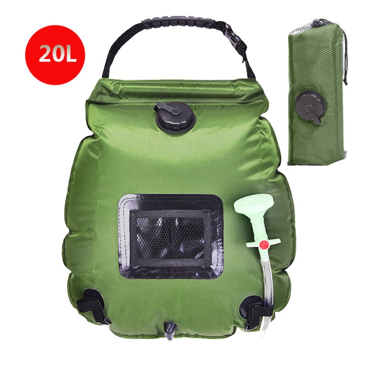 Sac de dus solar portabil, 20L, cu furtun si duza, pentru camping, culoare verde, dimensiuni 47x50cm