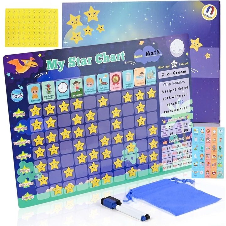 Голям магнитен седмичен планер със задачи за деца, плакат с дни от седмицата за деца, магнитен календар със 70 звезди, 30 магнита със задачи за деца у дома или в училище, контролен списък за деца (син)