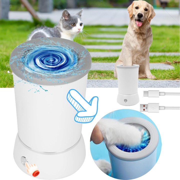 Curatator automat pentru labe de caine, Dussdote，cupa noua pentru curatarea labelor de caine, curatator de labe de caine cu incarcare USB, curatator de labe pentru caini mici, mijlocii, mari, pisici/caini (alb)