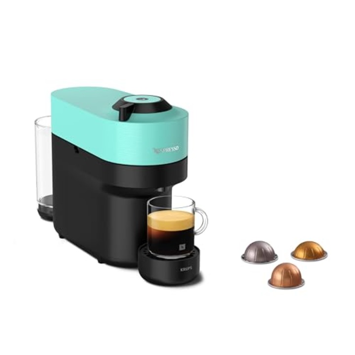 Кафемашина Nespresso Krups XN9204 Vertuo Pop, Капацитет: 560 мл, автоматично откриване на капсули, Система с едно докосване, 4 размера чаши, съкратено време за нагряване, издръжлив, Aqua Mint