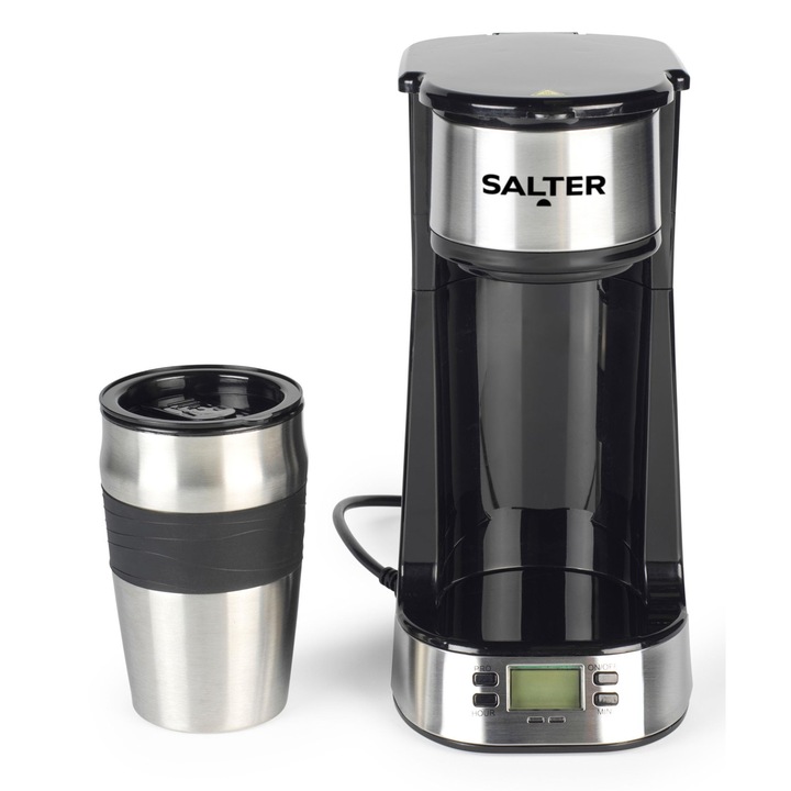 Цифрова кафемашина Salter, Single Cup Coffee Maker, Washable Filter, 420ml Stainless Steel Travel Mug, Brew Time 3-4 Minutes, For Ground Coffee and Pods