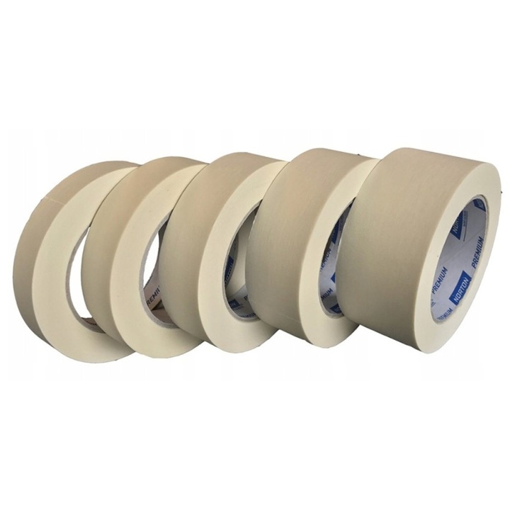Banda de mascare Premium Norton, 50mm x 50m, rezistenta la temperaturi de pana la 100°C, adeziv pe baza de guma, utilizare interioara, exterioara