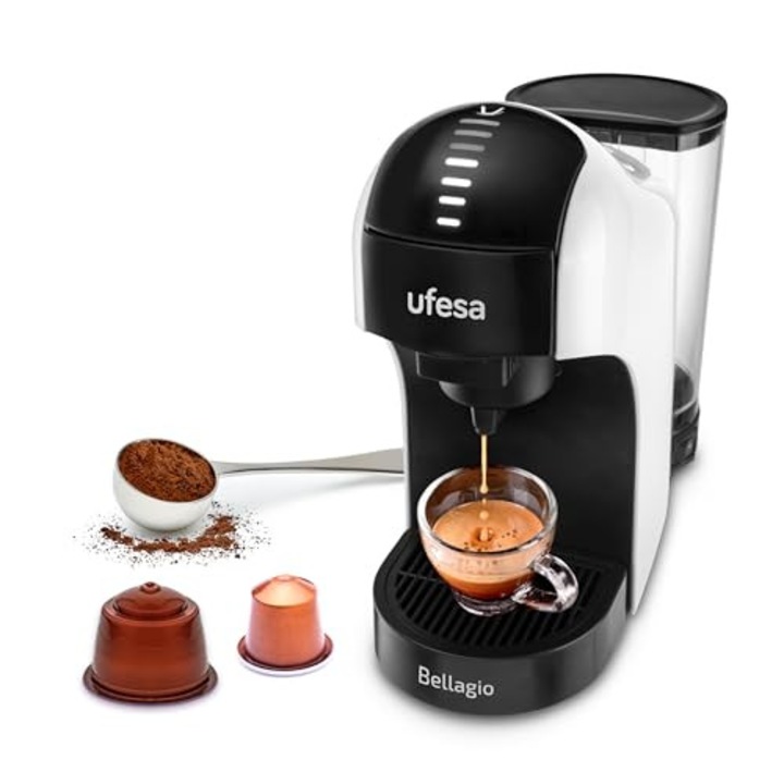 Ufesa Bellagio 3 az 1-ben kávéfőző több kapszulával az eredeti Nespresso kapszulához, Dolce Gustohoz vagy őrölt kávéhoz, digitális érintőpanel 7 szinttel, 1 literes víztartály, 1400 W, 15 bar nyomás, kompakt