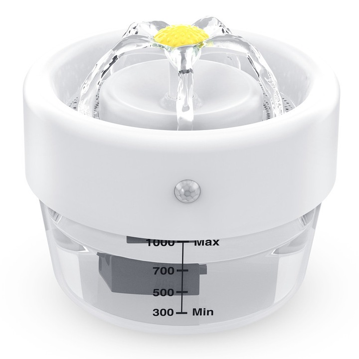 Vezeték nélküli macska ivókút, 1 literes kapacitás, 120°-os mozgásérzékelő, 2 áramlási mód, ultra csendes