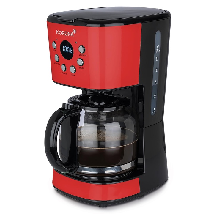 Aparat de cafea retro Korona 10667, Rosu, 1, 5 litri, Aparat de cafea cu filtru, Afisaj LCD, Temporizatoare, Aparat de cafea cu filtru permanent
