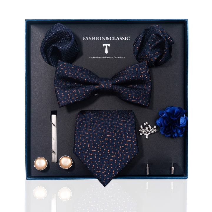 Set 8 elegant cravata, Cu 1 cravata, 1 papion, 1 clip cravata, 2 brose, 2 batista, 2 butoni, Pentru afaceri, Pentru zi de nastere, logodna, nunta, petrecere, birou, Poliester, 21 x 21 x6 cm, Cutie