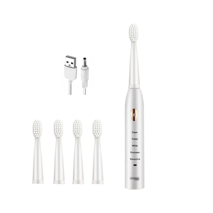 Periuta de dinti electrica sonica, 32000~42000 impulsuri/min, 6 programe, 800mAh, USB, IPX7, 4 capete, alb