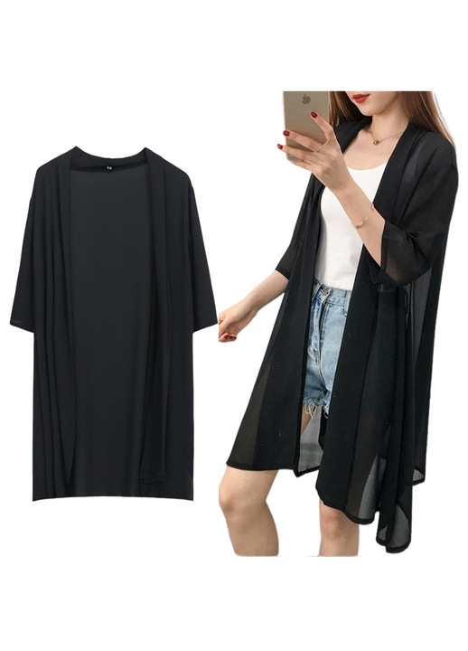 Női strand kimonó, TREXORA, 3/4-es ujjú, könnyű, fekete, 7XL