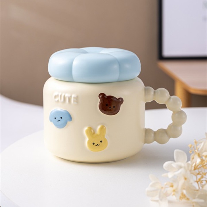 Cana pentru Copii, Flippy, din Portelan, print Figurine Animalute, Model CUTE, Cana cu Capac, Ceasca pentru Cafea, Ceai, 400ml Galben deschis