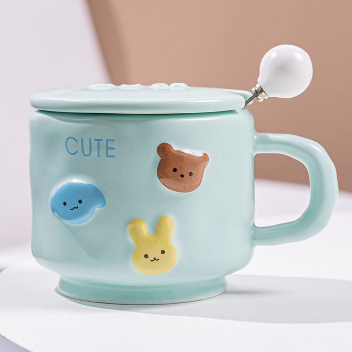 Cana ceramica, Flippy, din Portelan, print Figurine Animalute, Cana penru Copii, Model CUTE, Cana cu Lingura si Capac, Ceasca pentru Cafea, Ceai, 400ml Albastru