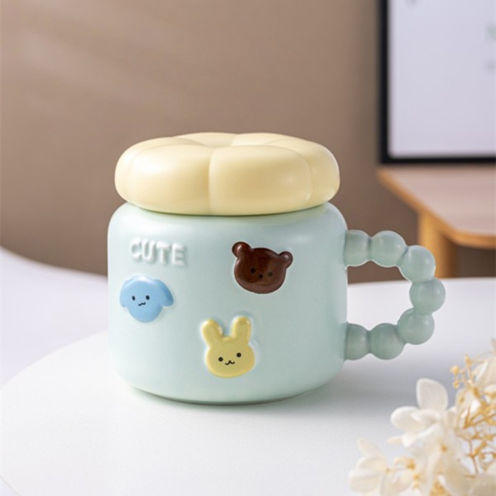 Cana pentru Copii, Flippy, din Portelan, print Figurine Animalute, Model CUTE, Cana cu Capac, Ceasca pentru Cafea, Ceai, 400ml Albastru deschis