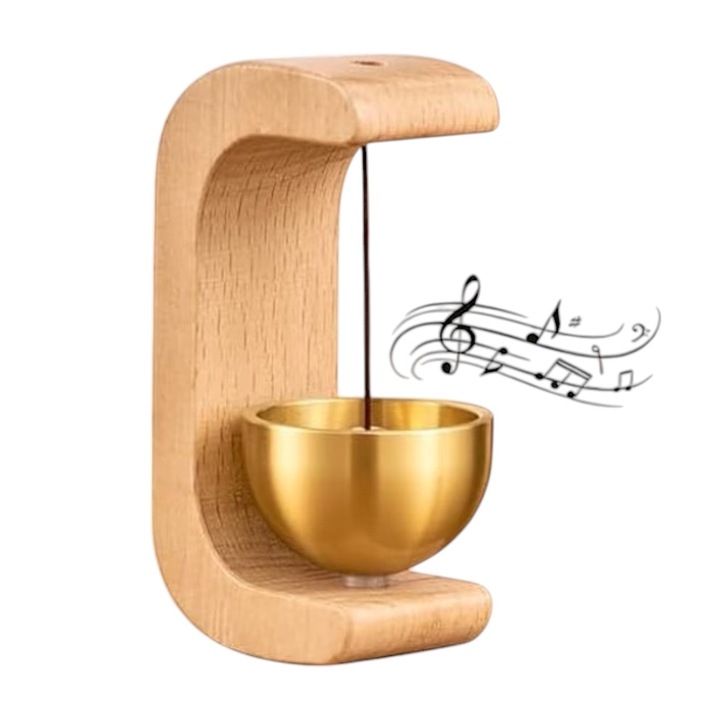 Дървена камбана с месинг, h 7,2 см, магнит включен в дървото + двойно залепваща лента, за врати, прозорци, шкафове - идеалният подарък