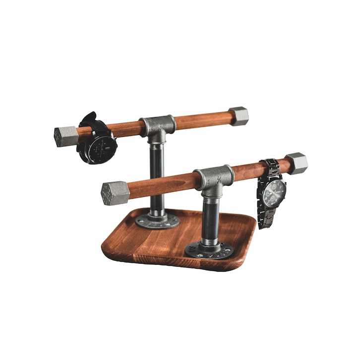 Stativ bijuterii Swam, paleta din lemn si metal, stil industrial, 30x18x20cm