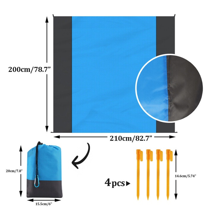 Одеяло за пикник 210x200см, Bedee, комплект с крепежни елементи, водоустойчиво, синьо и сиво