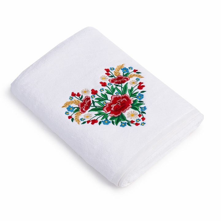 Prosop de Baie Brodat, H Hotel Supplier, Inima, 100% bumbac, Alb, 70x140cm