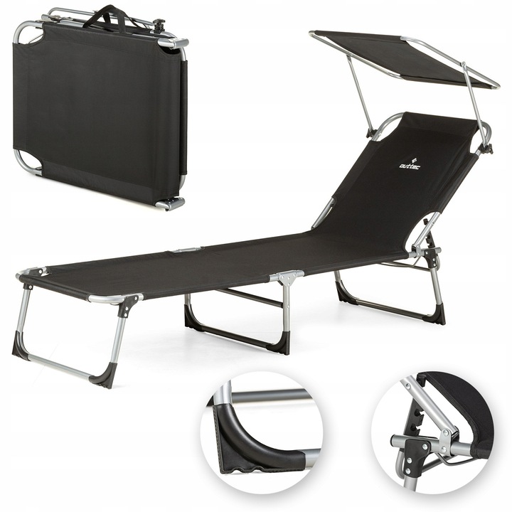 Sezlong cu baldachin Outtec, poliester/metal, negru, 120 kg, 188x60x28cm