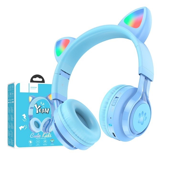 Vezeték nélküli gyerek fejhallgató macskafülekkel, összecsukható, szórakoztató RGB LED-ek, DigikalaX®, Bluetooth, mikrofon, kártyanyílás, gyermek hangerő védelmi funkció, AUX kábel csatlakozás, világoskék
