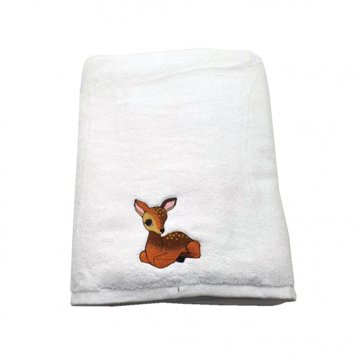 Prosop de Baie Brodat, Hotel Supplier, bumbac 100%, Alb, 70x140cm, 680g/mp – Model Caprioara