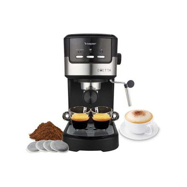 Beper P101CAF100 Aparat de cafea Espresso Duetta, 1100W, Compatibil cu capsule si cafea macinata, Aparat de cafea cu gura dubla, 15 bar, Incalzitor de pahare, Pahar dozator si Preser inclus, Negru