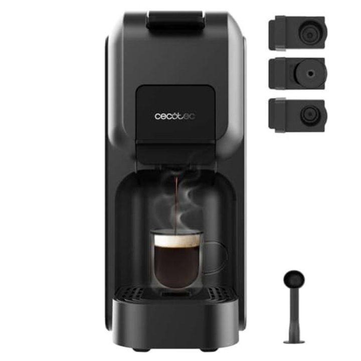 Cecotec Freestyle Compact Black kapszulagép. 1350W, termoblokk fűtés, Forcearoma 20 bar technológia, 4 az 1-ben eszpresszógép. Alkalmas őrölt kávéhoz, Dolce Gustohoz, Nespressohoz és K-Fee-hez