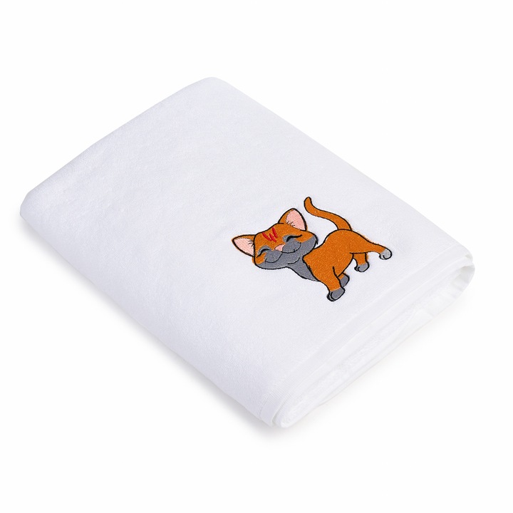 Prosop de Baie Brodat, Hotel Supplier, bumbac 100%, Alb, 70x140cm, 680g/mp – Model Pisicuta