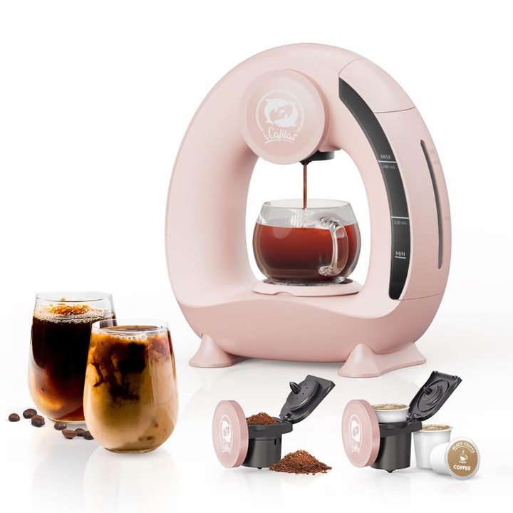 BENFUCHEN Aparat de cafea pentru KCup sau cafea macinata, aparat de cafea Mini Q Americano 2 in 1, aparat de cafea Mini cu o ceasca/aparat de ceai cu filtru de cafea/adaptor KCUP, 113-227 ml, roz