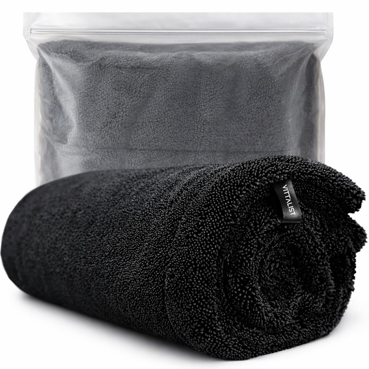 Prosop Uscare Auto 90x60 cm, 1200GSM, Microfibra Premium, VITTALIST®, Ultra Absorbant, Fara Urme, Ideal Detailing Masina, Negru