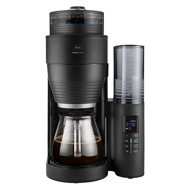 Melitta AromaFresh X - Aparat de cafea cu rasnita, aparat de cafea cu filtru cu cana de sticla si dispozitiv antipicurare, pentru pana la 10 cani de cafea, negru/argintiu