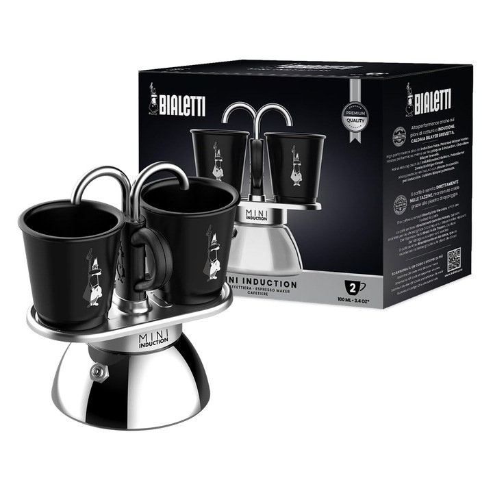 Bialetti Mini Express Induction, aparat de cafea cu inductie, 2 cani (100 ml), potrivit pentru toate plitele, negru